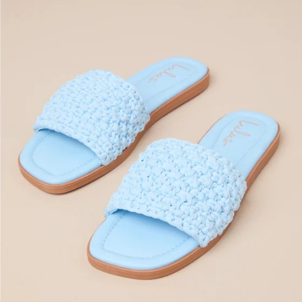 NEW Lulus Castalia Light Blue Woven Flat Slide Sandals -Size 10